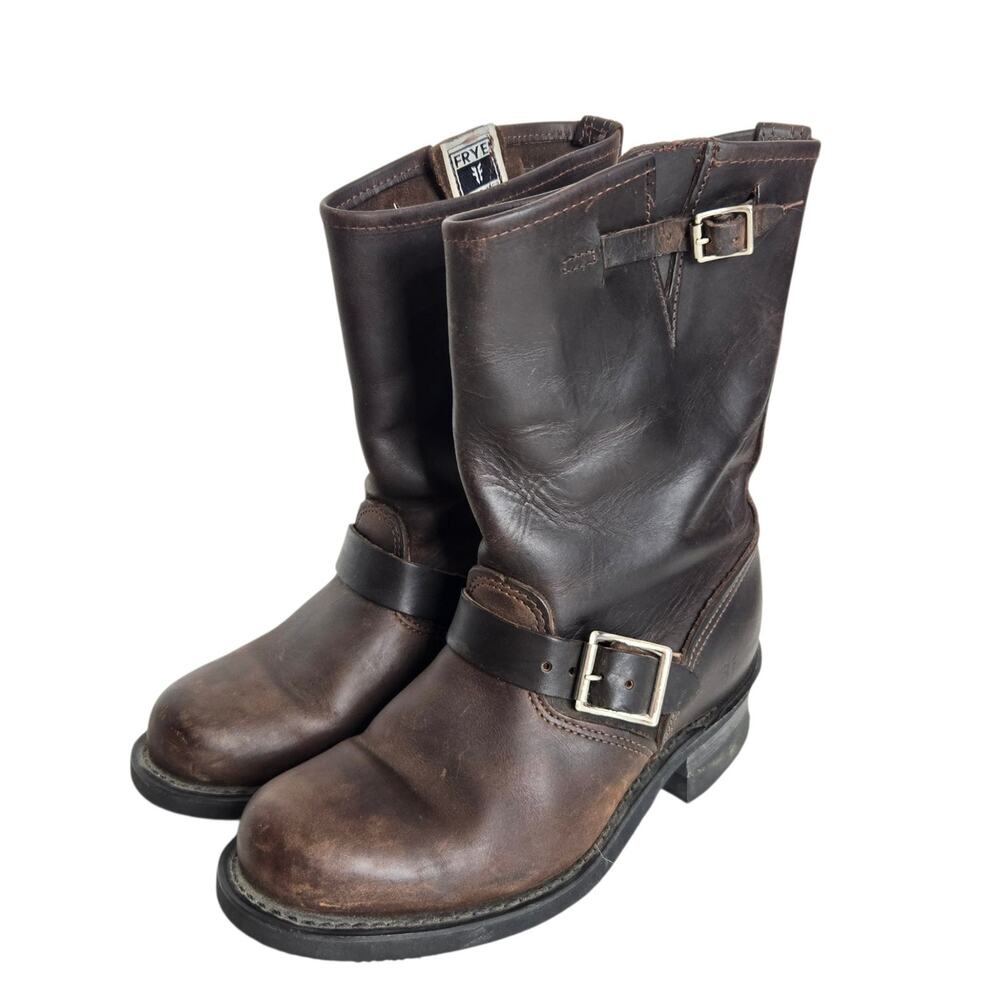 Frye Mens Engineer Boots Mid Calf Brown Leather Biker Rugged Buckle USA Made 7